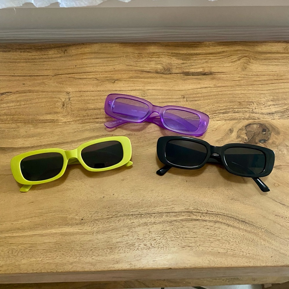 Set of 3 Retro Rectangle Sunglasses – Neon Yellow, Purple & Black